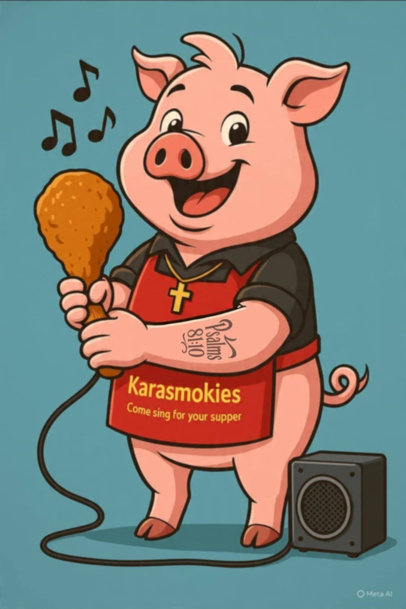 Karasmokies pig mascot holding BBQ and a microphone